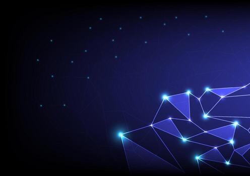 Hi-tech abstract. Triangular polygonal with glowing light spots. There is a wireframe on the back. on a blue gradient background vector