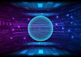 technology high tech glowing globe The top and bottom have a bright perspective mesh. There is a curved circuit pattern on the back with bright dots of light. background gradient purple and blue vector