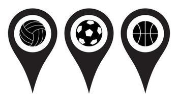 Pin location icons. A set of cartographic signs with the image of sports balls. Attach icons on a flat map to mark the location of a sports club, stadium, or competition. Vector illustration.