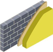 Brick wall in isometry with layers of plaster and insulation. Material for home repair. Construction of buildings. Scheme of applying blue and yellow layer vector