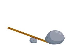 Lever of stick with stone. Lifting heavy cobblestone. Moving the boulder. Balancing and leverage. Flat cartoon vector