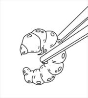 Edible larva. Eating caterpillar with chopsticks. Asian snack and street fast food. Source of insect protein. vector