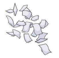 Paper files of documents fall down. Flying sheets. Blank sheet. Office element. Thrown object. White trash. Cartoon outline illustration vector