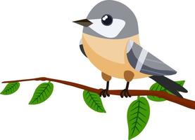 pájaro gris del bosque sentado en una rama de árbol. lindo animal con alas y hojas verdes. ilustración para tarjetas de felicitación. ilustración plana de dibujos animados vector
