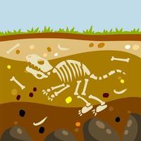 Dinosaur skeleton. Bones of a prehistoric lizard. Land in the section. Soil with layers. Historical find and archaeological excavations. Flat cartoon landscape vector