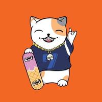 Lucky cat with a skateboard in his hands vector