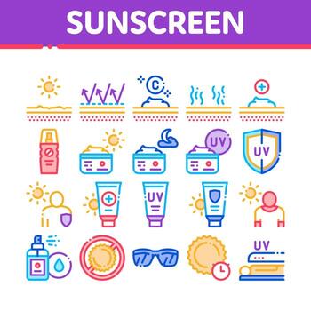 Sunscreen Collection Elements Icons Set Vector