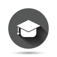 icono de sombrero de graduación en estilo plano. ilustración de vector de gorra de estudiante sobre fondo redondo negro con efecto de sombra larga. concepto de negocio de botón de círculo universitario.