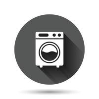 Washing machine icon in flat style. Washer vector illustration on black round background with long shadow effect. Laundry circle button business concept.