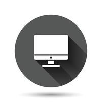 Computer monitor icon. Vector illustration on black round background with long shadow effect. Business concept tv monitor circle button pictogram.