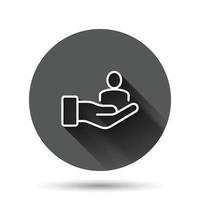 People and hand icon in flat style. Protect life vector illustration on black round background with long shadow effect. Help business circle button concept.