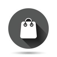 icono de bolsa de compras en estilo plano. ilustración de vector de signo de bolso sobre fondo redondo negro con efecto de sombra larga. concepto de negocio de botón de círculo de paquete.