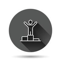 People win icon in flat style. Champion on podium vector illustration on black round background with long shadow effect. Award ceremony  circle button business concept.