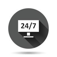 24 7 computer icon in flat style. All day service vector illustration on black round background with long shadow effect. Support circle button business concept.