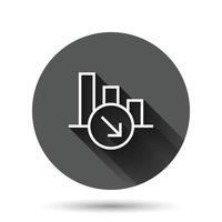 Market trend icon in flat style. Decline arrow with magnifier vector illustration on black round background with long shadow effect. Decrease circle button business concept.