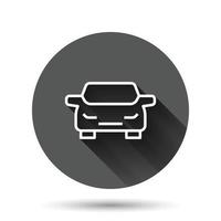 icono de coche en estilo plano. ilustración de vector de vehículo de automóvil sobre fondo redondo negro con efecto de sombra larga. concepto de negocio de botón de círculo de sedán.