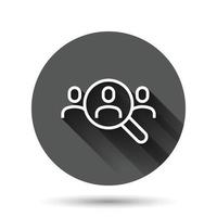 Search job vacancy icon in flat style. Loupe career vector illustration on black round background with long shadow effect. Find people employer circle button business concept.