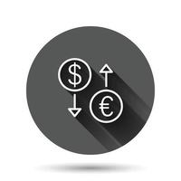 Currency exchange icon in flat style. Dollar euro transfer vector illustration on black round background with long shadow effect. Financial process circle button business concept.