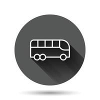 icono de autobús en estilo plano. Ilustración de vector de entrenador sobre fondo redondo negro con efecto de sombra larga. concepto de negocio de botón de círculo de vehículo autobus.