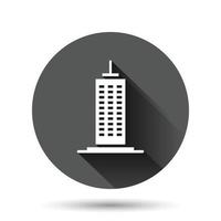 Building icon in flat style. Town skyscraper apartment vector illustration on black round background with long shadow effect. City tower circle button business concept.