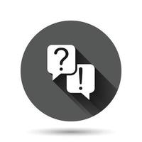 Question and answer icon in flat style. Dialog speech bubble vector illustration on black round background with long shadow effect. Forum chat circle button business concept.