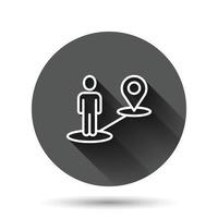 Map pin icon in flat style. Gps navigation vector illustration on black round background with long shadow effect. Locate position circle button business concept.