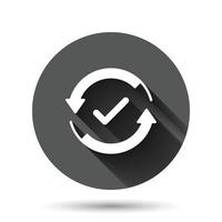 Check mark sign icon in flat style. Confirm button vector illustration on black round background with long shadow effect. Accepted circle button business concept.