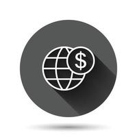 Global business icon in flat style. Money transaction vector illustration on black round background with long shadow effect. Banknote bill security circle button business concept.