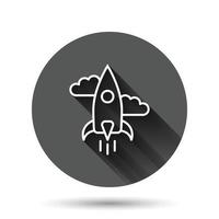 Rocket icon in flat style. Spaceship launch vector illustration on black round background with long shadow effect. Sputnik circle button business concept.