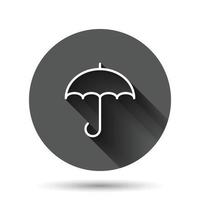 Umbrella icon in flat style. Parasol vector illustration on black round background with long shadow effect. Canopy circle button business concept.