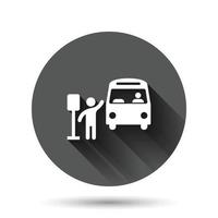 icono de la estación de autobuses en estilo plano. ilustración vectorial de parada automática sobre fondo redondo negro con efecto de sombra larga. concepto de negocio de botón de círculo de vehículo autobus. vector