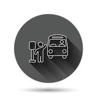 Bus station icon in flat style. Auto stop vector illustration on black round background with long shadow effect. Autobus vehicle circle button business concept.