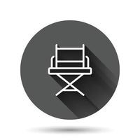 icono de silla de director en estilo plano. ilustración de vector de asiento de productor sobre fondo redondo negro con efecto de sombra larga. concepto de negocio de botón de círculo de película.