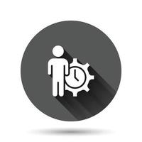 People and clock icon in flat style. Gear with user vector illustration on black round background with long shadow effect. Businessman circle button business concept.