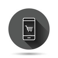 icono de compras en línea en estilo plano. ilustración de vector de tienda de smartphone sobre fondo redondo negro con efecto de sombra larga. concepto de negocio de botón de círculo de mercado.