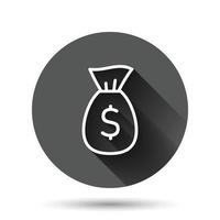 Money bag icon in flat style. Moneybag with dollar vector illustration on black round background with long shadow effect. Cash sack circle button business concept.