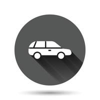 icono de coche en estilo plano. ilustración de vector de vehículo de automóvil sobre fondo redondo negro con efecto de sombra larga. concepto de negocio de botón de círculo de sedán.