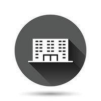 Building icon in flat style. Town skyscraper apartment vector illustration on black round background with long shadow effect. City tower circle button business concept.