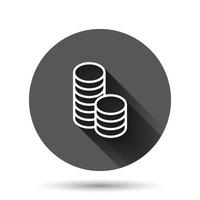 Coins stack icon in flat style. Dollar coin vector illustration on black round background with long shadow effect. Money stacked circle button business concept.