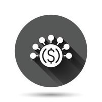 Money revenue icon in flat style. Dollar coin vector illustration on black round background with long shadow effect. Finance structure circle button business concept.