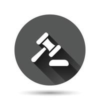 Auction hammer icon in flat style. Court sign vector illustration on black round background with long shadow effect. Tribunal circle button business concept.