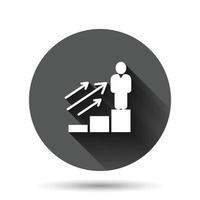 People with growth arrow icon in flat style. Work strategy vector illustration on black round background with long shadow effect. Office training circle button business concept.