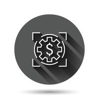 Money revenue icon in flat style. Dollar coin vector illustration on black round background with long shadow effect. Finance structure circle button business concept.