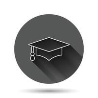 icono de sombrero de graduación en estilo plano. ilustración de vector de gorra de estudiante sobre fondo redondo negro con efecto de sombra larga. concepto de negocio de botón de círculo universitario.