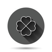 Four leaf clover icon in flat style. St Patricks Day vector illustration on black round background with long shadow effect. Flower shape circle button business concept.