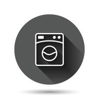 Washing machine icon in flat style. Washer vector illustration on black round background with long shadow effect. Laundry circle button business concept.