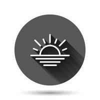 Sun icon in flat style. Sunlight sign vector illustration on black round background with long shadow effect. Daylight circle button business concept.