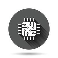 Computer cpu icon in flat style. Circuit board vector illustration on black round background with long shadow effect. Motherboard chip circle button business concept.