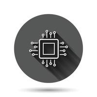 Computer cpu icon in flat style. Circuit board vector illustration on black round background with long shadow effect. Motherboard chip circle button business concept.