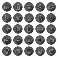 Business icon set in flat style. Finance strategy vector illustration on black round background with long shadow effect. Marketing circle button business concept.